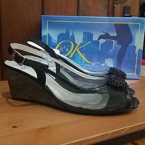 NWB black sling back mesh wedges